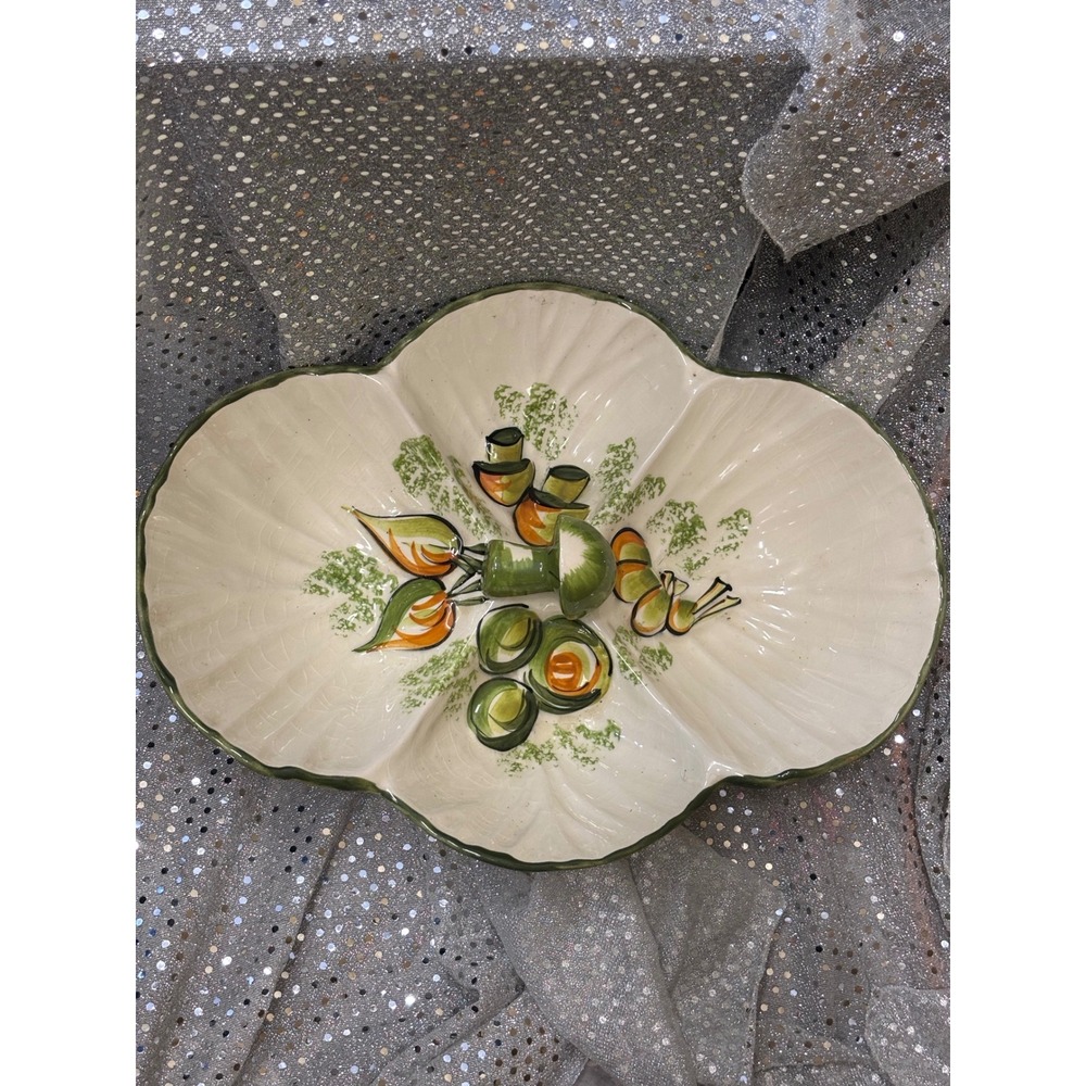 Vintage Ceramic Divided Vegetable Serving Dish shroom Handle Hand Painted Green